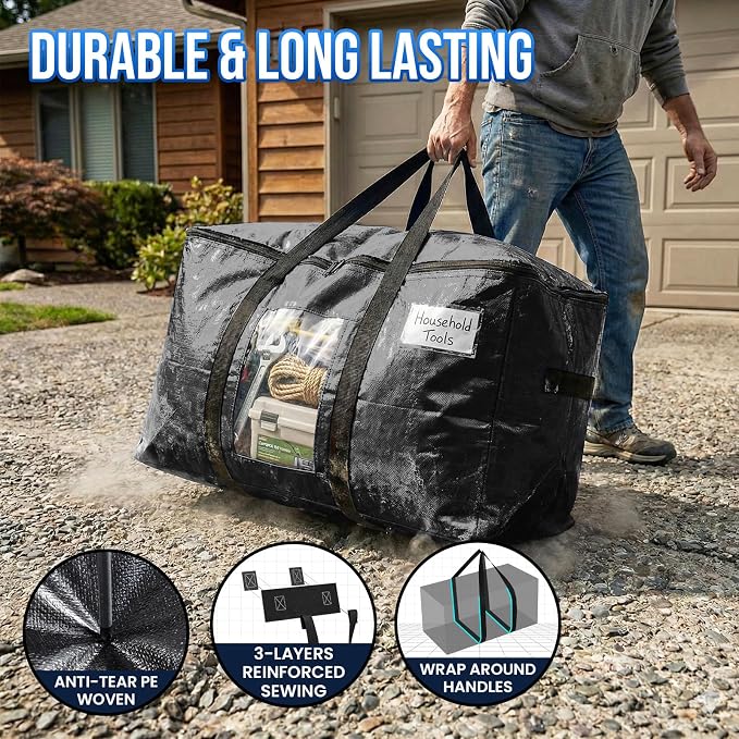 TAILI Extra Large Moving Bags, 8 Pack Black Heavy Duty Totes For Storage with Visible Window, Wrap Around Handles, Storage Bags for Space Saving, Alternative to Moving Boxes - Image 3