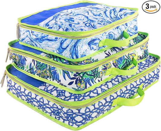 Lilly Pulitzer Packing Cubes Set of 3, Blue and Green Prints | Resort Ready Polyester & Mesh Suitcase Luggage Organizers in 3 Sizes with Zipper Closures, Trim, & Handles for Travel by LillyPulitzer
