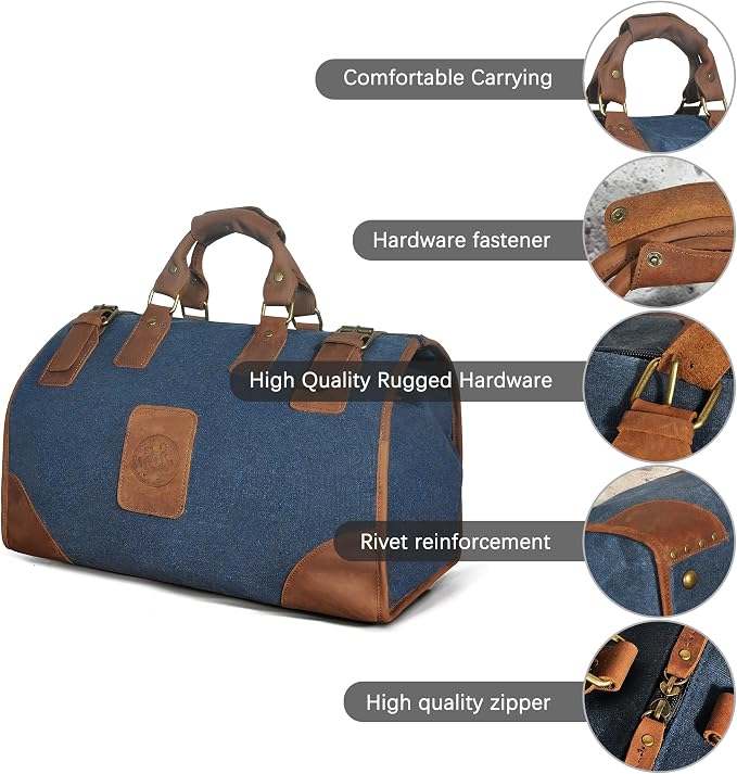 Canvas + Leather Travel Luggage Tote Duffle Gym Suitcase Weekender Overnight Bag For Men Male FB8151 (8151-The Blue) - Image 7