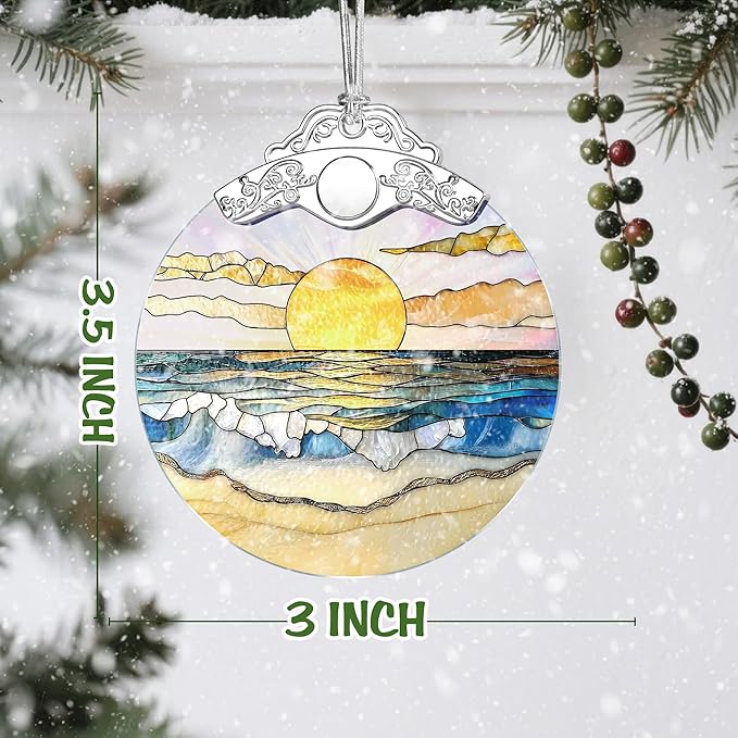 Beach Sunset Stained Glass Ornament, Christmas Ornament – Christmas Tree Decor, Holiday Decoration, Stocking Stuffer, Festive Gift Idea, Gifts for Ocean Lover, Nature Lover, Friend, and Family