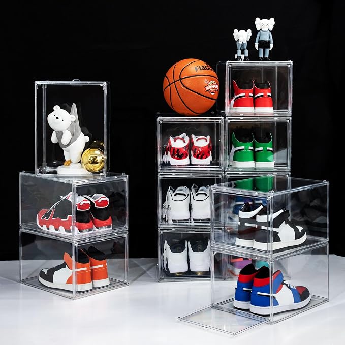 12 Pack Shoe Boxes, Clear Acrylic Stackable Plastic Sneaker Box Container, Magnetic Drop & Side Open Shoe Organizer Case Container With Lids Fits Up to Size 14 (Clear) - Image 3
