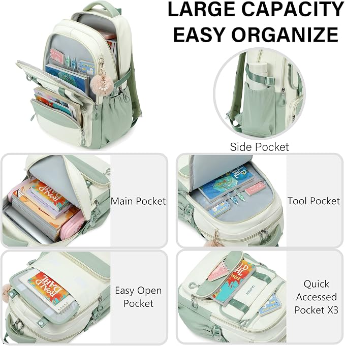 School Backpack for Girls, 3PCS Laptop Backpack 15.6 Inch with Lunch Box Pencil Pouch Set for Kids Teens Elementary Middle High School College Bookbag Student Casual Travel Daypack,Green Beige - Image 3