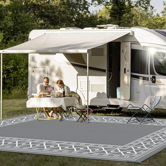 GENIMO Outdoor Rug, Waterproof Plastic Rugs 10'x14' for Camping Grey White | Outside Larger Modern Carpet Mat for Porch Decor, Deck, Balcony, Camping, RV, Backyard, Picnic, Beach, Reversible - Image 4
