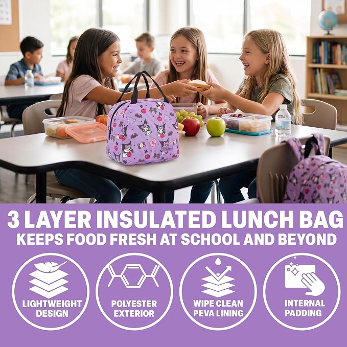 Get Trend Kuromi Girls Corduroy Backpack 4 Piece Set | 17 inch Bookbag with Laptop Pocket, Insulated Lunch Bag, Zipped Pencil Case & Lanyard, Back to School Kawaii Gifts for Girls - Image 4