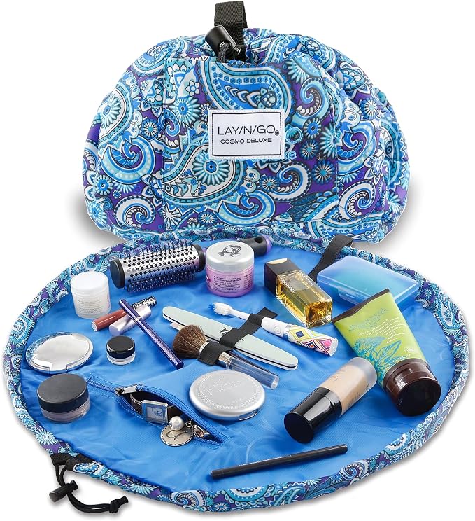 Lay-n-Go Cosmo Layflat Drawstring Cosmetic & Makeup Bag Organizer - Portable Drawstring Bag w/Zipper Pocket, Makeup Loops & More - Durable, Machine Washable Toiletry Bag for Travel (22", Blue Paisley) by Lay-n-Go