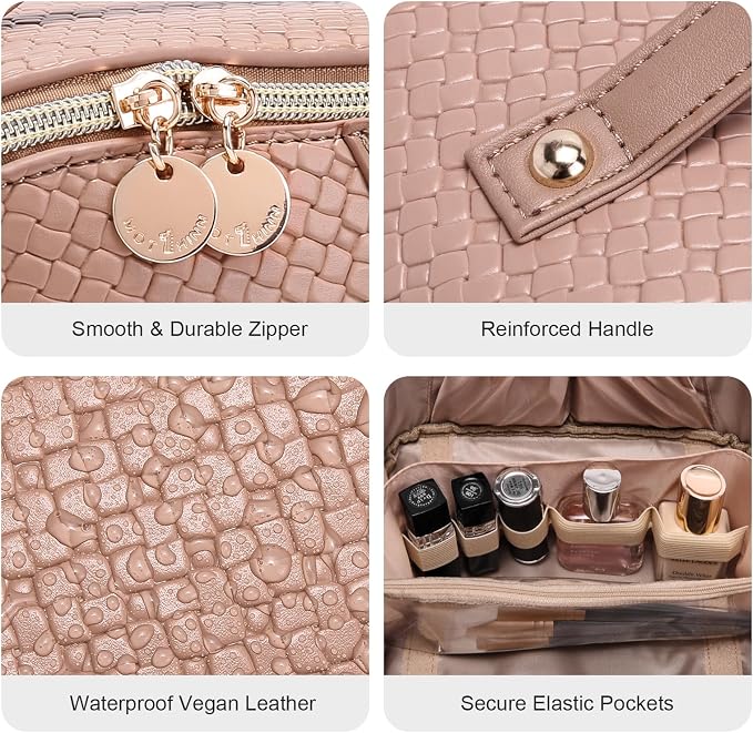 Travel Makeup Bag for Women: Designer 3 Pcs Set Cosmetic Bags for Women - Large Capacity Vagen Leather Hand-made for Toiletry Organizer - Ladies Travel Flat Open Essentials for Luxury (10Brown) - Image 4