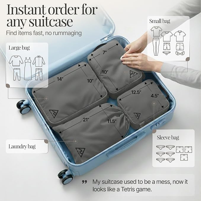 Well Traveled 8 pcs Compression Packing Bags Cubes Set with HybridMax Double-Capacity Design - Packing Cubes for Travel Compression to Maximize Limited Luggage Space, Grey - Image 3