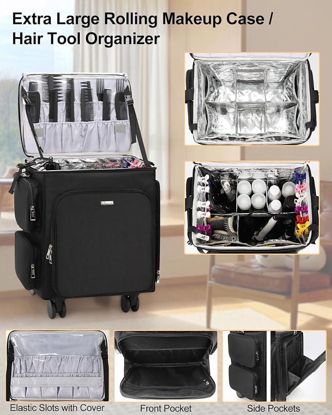 Relavel Rolling Makeup Case, 4 in 1 Hairstylist Traveling Bag Cosmetology Case on Wheels Large Hair Tools Cosmetics Train Case Makeup Artist Storage Organizer Trolley Suitcase with 360° Swivel Wheels - Image 3