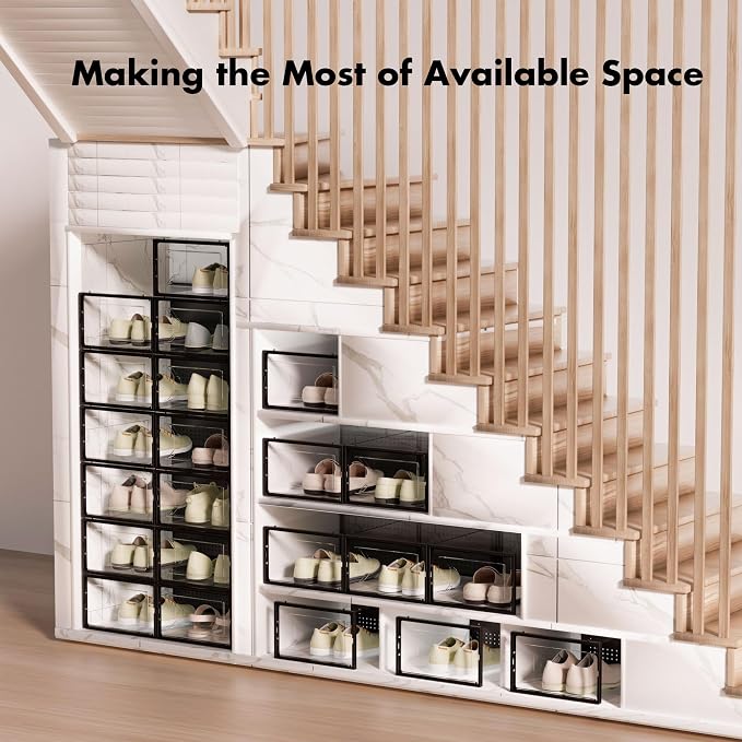 Foluck 15 Pack Shoe Storage Organizer Box Container Clear Plastic Stackable | Interlocking Design, Sturdy Dustproof Breathable, Fits Men's Size 9 Women's Size 10, for Closet Entryway Under Bed - Image 7
