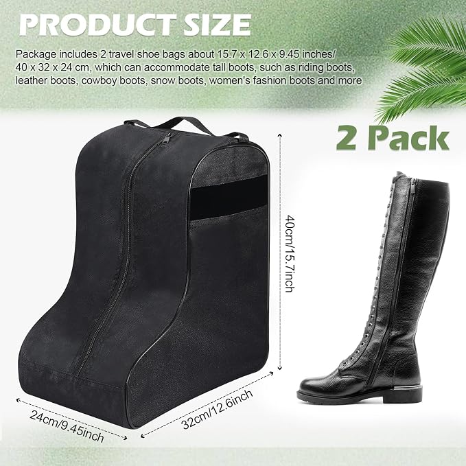2 Pcs Boot Bags for Cowboy Boots Portable Storage Bag for Travel Long Tube Shoes Bags Men Tall Shoe with Handle for Home Travel (Black) - Image 2