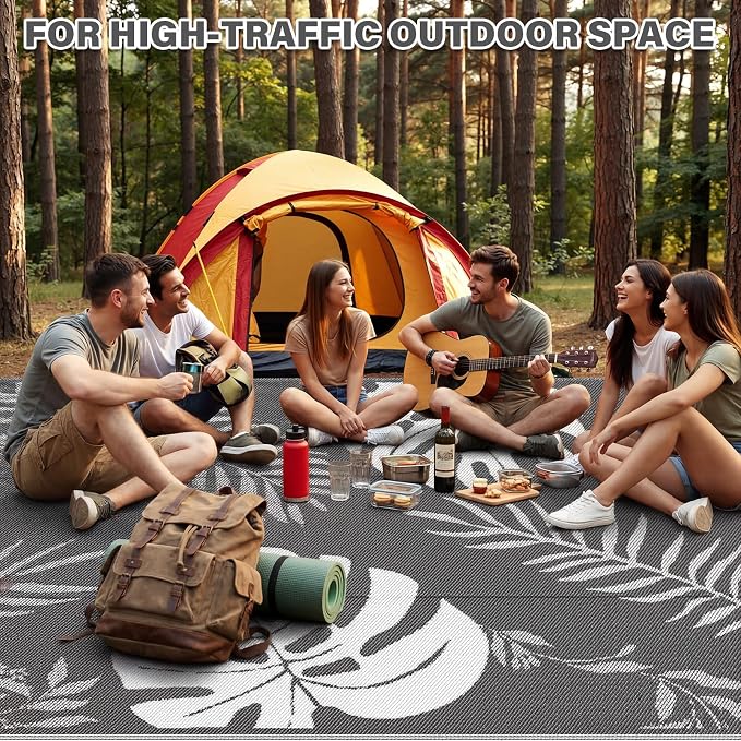 GOTGELIF Massive Outdoor Patio Rug - 9x12FT, Reversible & Water-Resistant & Wear-Resistant & Plastic Straw Outdoor Area Rug for Patio & Camping & RV - Gray Leaf - Image 8
