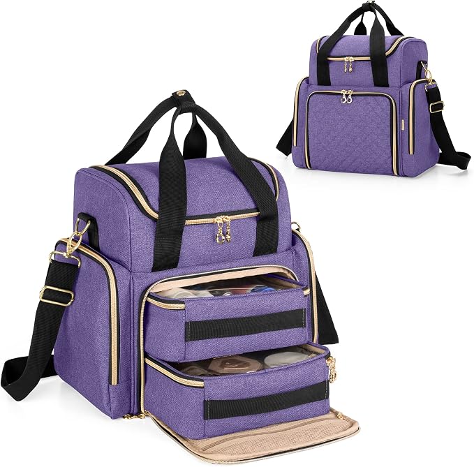LUXJA Travel Makeup Bag with 2 Removable Makeup Cases, Purple | Large Cosmetic Bag with Multiple Storage Sections, 3 Detachable Dividers, Detachable Shoulder Strap, Trolley Sleeve by Luxja