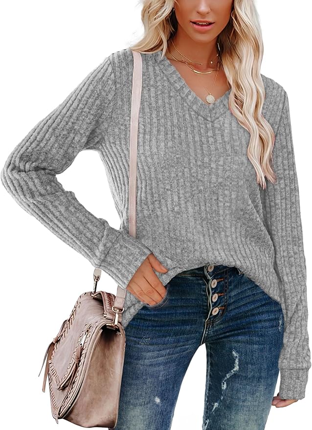 Sampeel V Neck Long Sleeve Shirts for Women Casual Fall Tops Lightweight Tunic Sweaters Fashion Clothes Loose Fit 2025