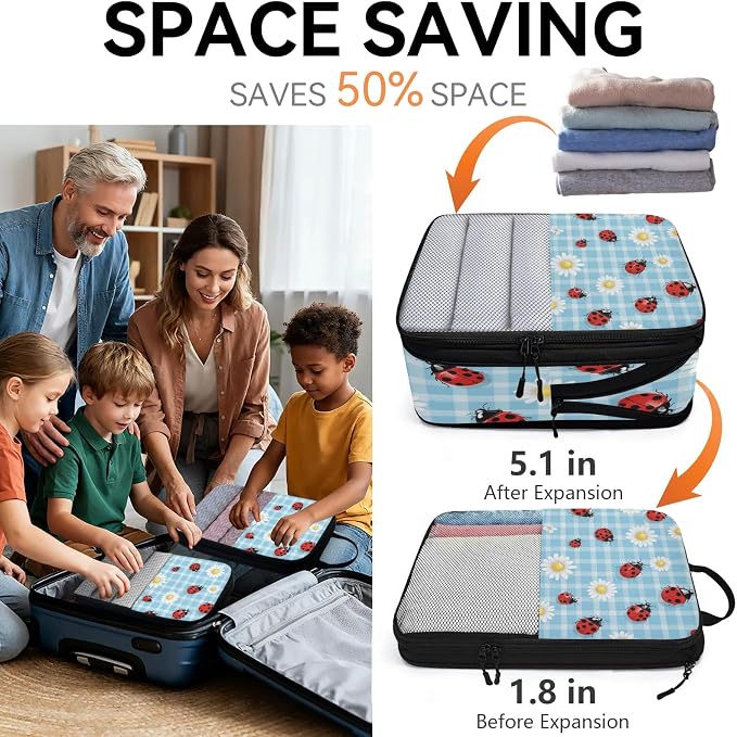 Floral Daisy Ladybugs 6 Set Compression Packing Cubes for Travel Luggage Carry On Suitcase Compressible Expandable Packing Cubes Organizers Bag - Image 6