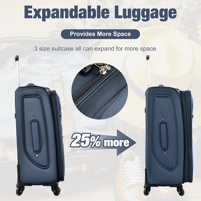 Merax Softside Luggage Set 3 Piece Suitcase with Duffel Bag Spinner Wheels | Lightweight Expandable Travel Luggage 22" 26" 30",Deep Blue - Image 4