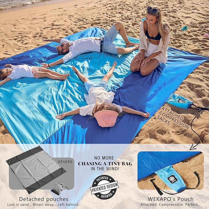 WEKAPO Beach Blanket Sandproof Waterproof, Extra Large Beach Mat, Oversized & Compact Sand Free, Quick Drying Beach Essentials for Vacation, Cruise, Picnic & Camping with Stakes - Image 3