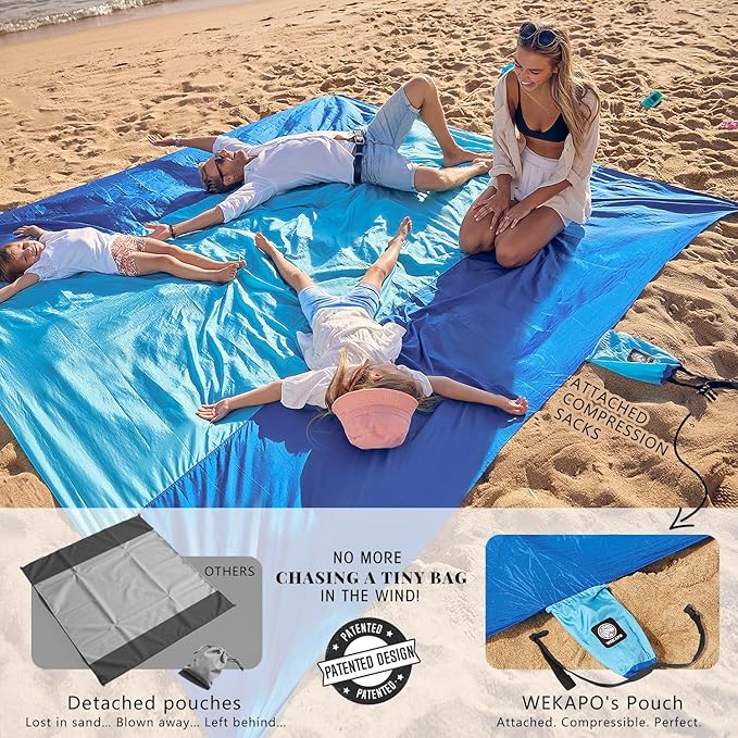 WEKAPO Beach Blanket Sandproof Waterproof, Extra Large Beach Mat, Oversized & Compact Sand Free, Quick Drying Beach Essentials for Vacation, Cruise, Picnic & Camping with Stakes - Image 3