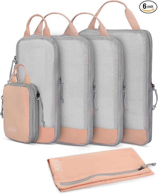 Hynes Eagle 6 Set/ 4 Set/ 2 Set Compression Packing Cubes Travel Essentials Lightweight Nylon Luggage Suitcase Organizer Bag Light Pink 6PCS by HynesEagle