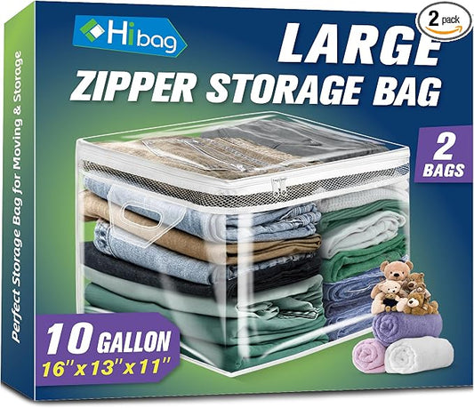 HIBAG 10 Gallon Large Storage Bag for Clothes, Zipper Clothing Storage Bag, Clear Organizer with Reinforced Handles, for Closet and Underbed Storage (2 Pack) by HIBAG