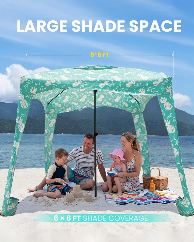 Qipi Beach Cabanas for Sand, Beach Canopy with Sandbags & Side Wall for Family, Easy Set Up Sun Shelter, UPF 50+ UV Protection with Roof Vent - Image 9