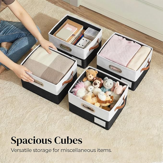 PRANDOM Storage Bins with Lids [3-Pack] Linen Fabric Foldable Storage Boxes Organizer Containers Baskets Cube with Cover for Bedroom Closet Office Black & White（11.4X8.6X6.7 - Image 2