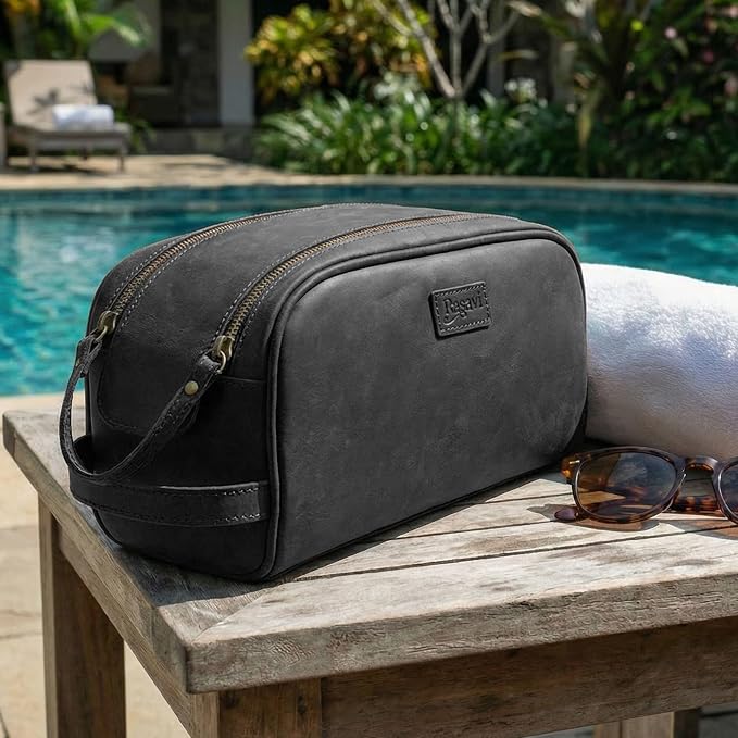 Rasavi Genuine Leather Travel Toiletry Bag, Handcrafted Vintage Water-Resistance Dopp Kit, Large Shaving & Bathroom Organizer - Gift for Men & Women - Black - Image 7