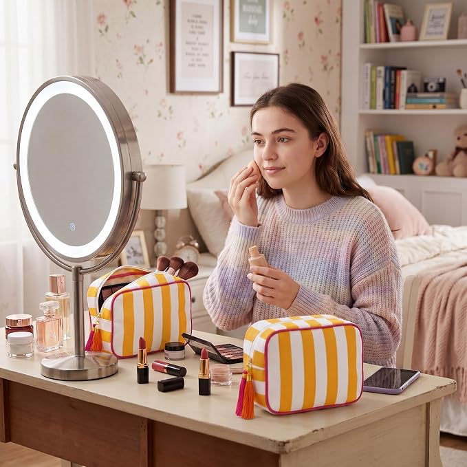 Kacctyen 6 Pack Orange and White Striped Makeup Bag bulk with Tassel Travel Cosmetic Pouch Organizer Large Zipper Toiletry Case for Women Aesthetic Storage Pouch Mahjong Tile Bag - Image 6