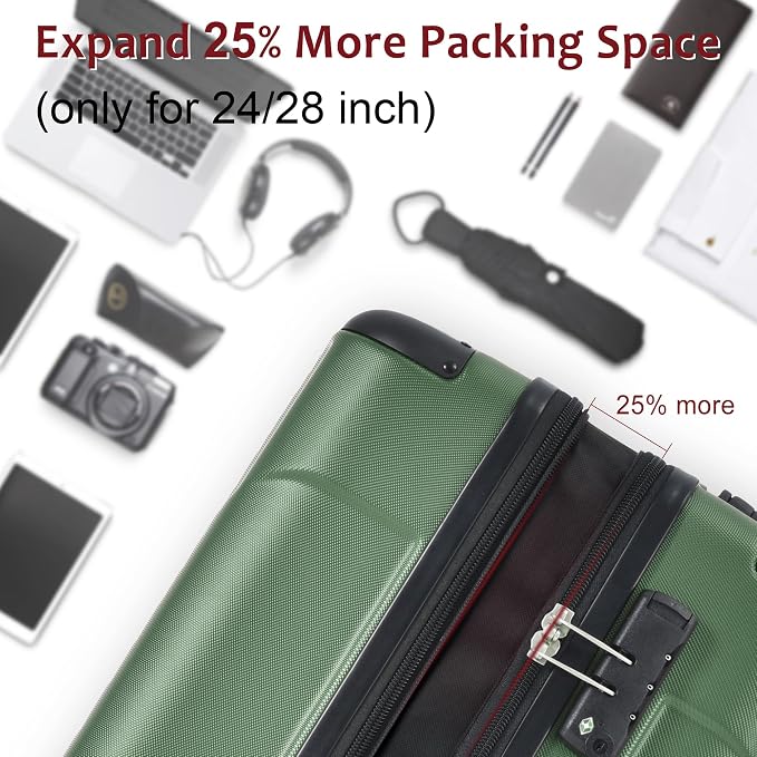 6 Piece Luggage Set Hard Shell - Green Expandable Suitcases with Spinner Wheels and Duffel Bags for Family Travel, Durable Carry On Luggage Sets with Lock for Women and Men - Image 5