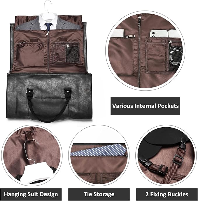 Carry on Garment Bags for Travel Leather Garment Duffle Bag Convertible Mens Suit Travel Bags with Shoe Compartment,Waterproof,Perfect for Business Travel/Husband Gifts (Black) - Image 6