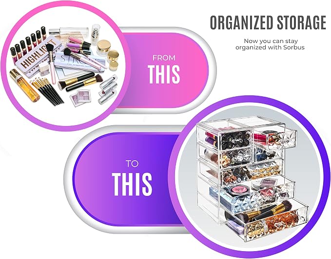 Sorbus Acrylic Makeup Organizer Set, 7-Drawer Vanity & Countertop Cosmetic Storage with Small & Wide Drawers, Diamond Makeup Storage for Brushes, Lipsticks, Jewelry – Holiday Gift for Women & Teens - Image 4