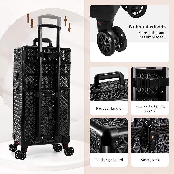 3 in 1 Rolling Makeup Train Case Cosmetology Case on Wheels, Black | Large Cosmetic Trolley Organizer with Keys Salon Barber Case Traveling Cart Trunk for Artist Hairstylists Nail Tech - Image 5
