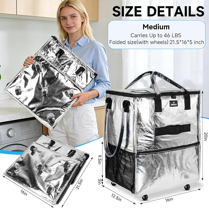 Reusable Grocery Bag On Wheels, 70L Foldable Rolling Tote, Heavy Duty Shopping Cart, 6 Pockets, Zippered Top, 3-Way Carry, Collapsible Portable Trolley for Camping Moving, Medium Silver - Image 2
