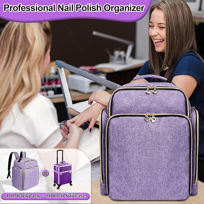 Nail Polish Organizer Backpack Holds 126 Bottles& Nail Lamp, Extra Large Nail Kit Supplies Organizer Bag with 3 Removable Cases, Portable Nail Organizers and Storage for Travel (Noble Purple) - Image 8