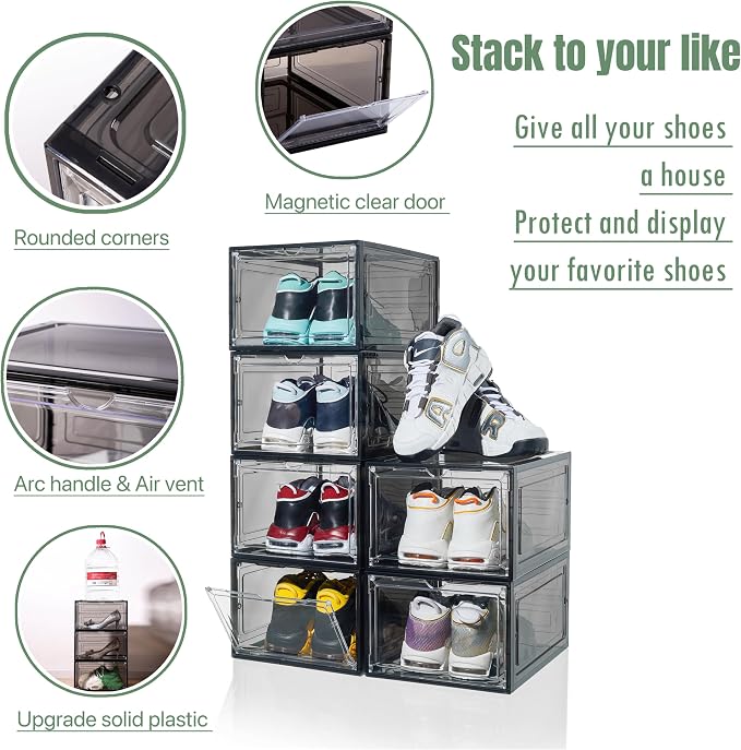 ZLLZUU Stackable Shoe Storage Boxes 9 Pack X-Large Black Sneaker Organizer | Fits up to Men's Size 12 High-top Sneakers, Clear Visible Magnetic Door, Quick Aceess, Durable and Sturdy, Easy to Assemble - Image 2