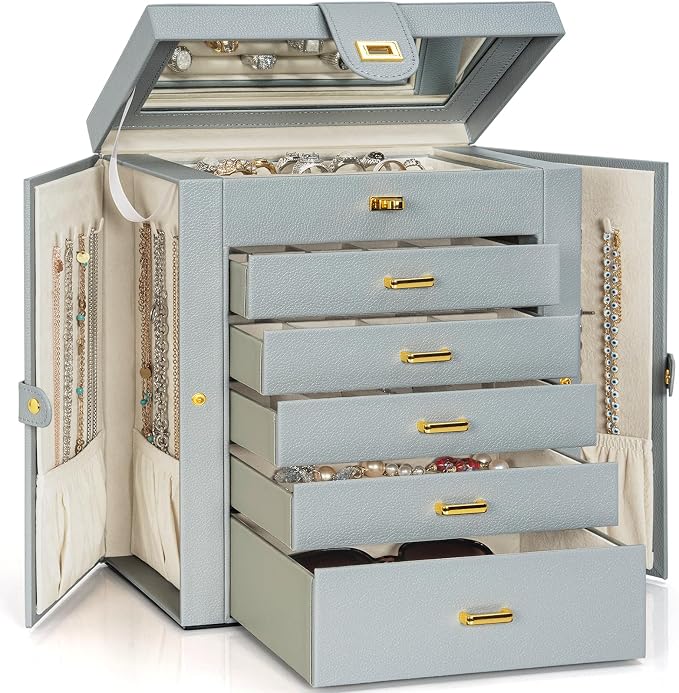 AKOZLIN 6-Tier Jewelry Box Organizer Functional 5 Drawers Leather Jewelry Storage Case for Women Girls Ring Necklace Earring Bracelet Holder Organizer with Mirror Extra Large Grey by AKOZLIN