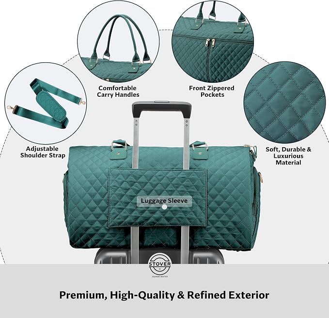 STOVER Women’s Convertible Garment Duffel Bag for Travel – 2-in-1 Carry-On Weekender/Overnight Tote - Wrinkle-Free Dresses, Suits & Clothes + Shoe Compartment & Bonus Toiletry Bag (Emerald Green) - Image 4