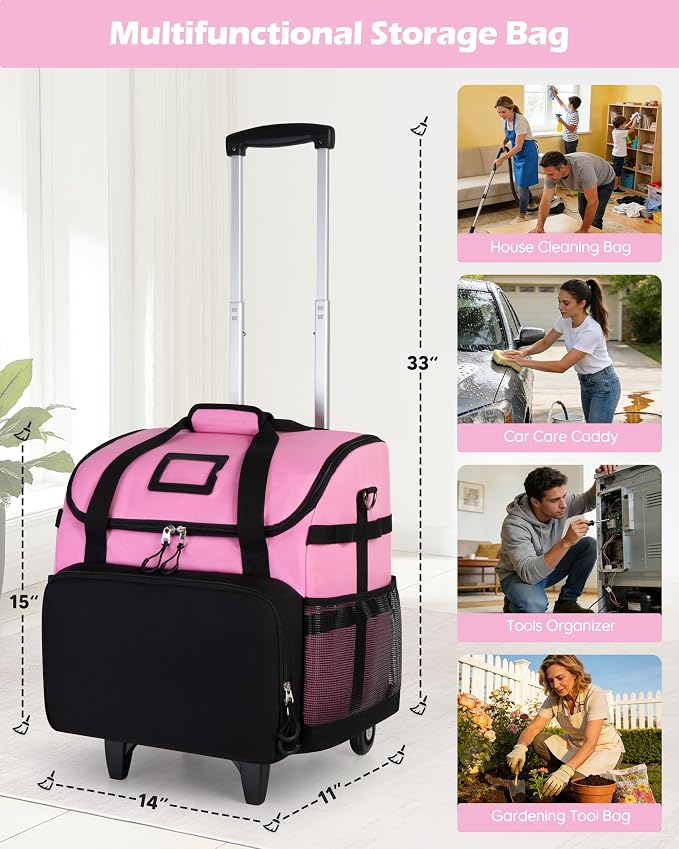 Marscamd Large Rolling Cleaning Caddy Bag with Detachable Trolley, Cleaning Supplies Organizer with Wheels for Housekeepers, Pink - Image 6