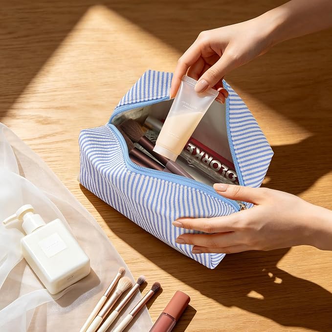 Makeup Bag Set for Women, 4PCS Travel Cosmetic Bags Pencil Case, Striped Seersucker Toiletry Organizer Pouches, Cute Makeup Pouch for Purse, Accessories and Gifts, Blue - Image 3