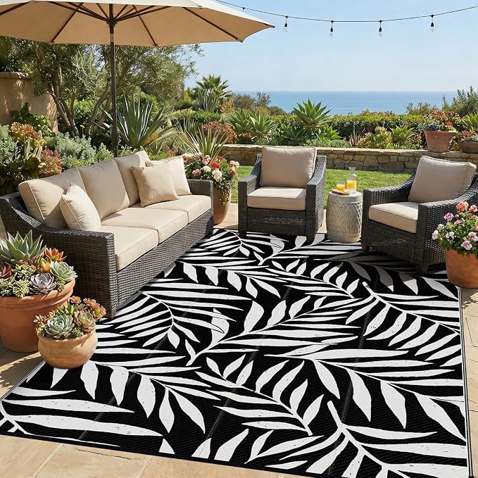 Smiry Outdoor Rug 8x10 ft, Waterproof Reversible Plastic Straw Rugs, Outdoor Area Rug with Leaf Pattern, Outside Floor Mat for Patio, Backyard, Deck, Picnic, Beach, Camping, Black & White by Smiry
