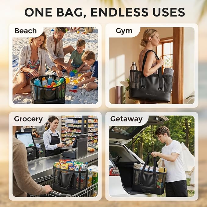 Large Mesh Beach Bag, Waterproof Bottom Tote, Structured Design Waterproof Pocket, Sandproof Pool Bag for Cruise Gym - Image 6