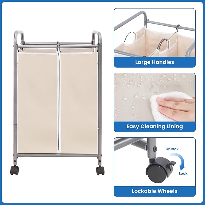 STORAGE MANIAC Laundry Sorter 2 Section, 90 L Gal Laundry Hamper with Wheels, Clothes Basket Separator Sorter, 2 Bag Cart and Removable Bags for Closet, Dorm, Collage, Beige - Image 6