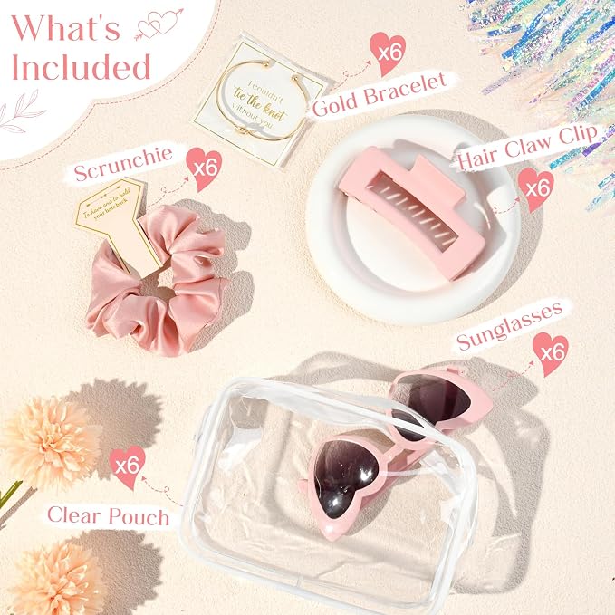 DEEKA 30 Pcs Bridesmaid Proposal Bag Set Gift Clear Makeup Toiletry Bag Bachelorette Party Favors Sunglasses Hair Claw Clips Scrunchies Knot Bracelets Bridal Wedding Party Gifts (Pink) - Image 2