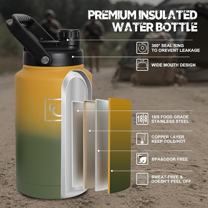 NATURE PIONEOR 128oz/1 Gallon Tactical Water Bottle with MOLLE Bottle Pouch | 18/8 Food-grade Stainless Steel, Double Vacuum Insulation, Wide-Mouth, Straw & Spout Lid, Strap, Camping, Hiking, Gym, Work - Image 6