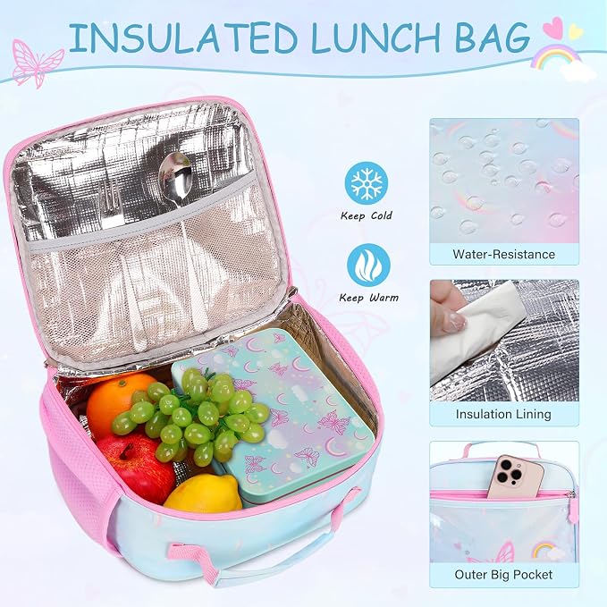 ACESAK Kids Backpack for Girls,Rainbow Backpack with 43OZ Lunch Box & 14OZ Water Bottle, Lunch Bag Set for School, Girls Bookpack for Elementary Middle school Teen Student(Blue) - Image 8