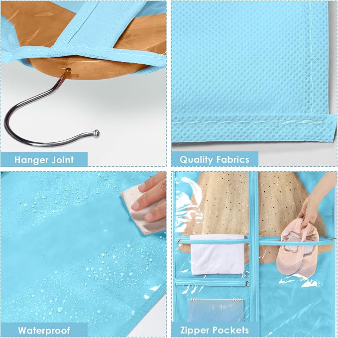 Univivi 40 Inch Girls Garment Bags for Dance Costumes, Dance Competition Garment Bag with 3 Medium Clear Zipper Pockets for Dance Essentials and Accessories, Dance Shoes (Blue) - 4 Pack, UN0752 - Image 3