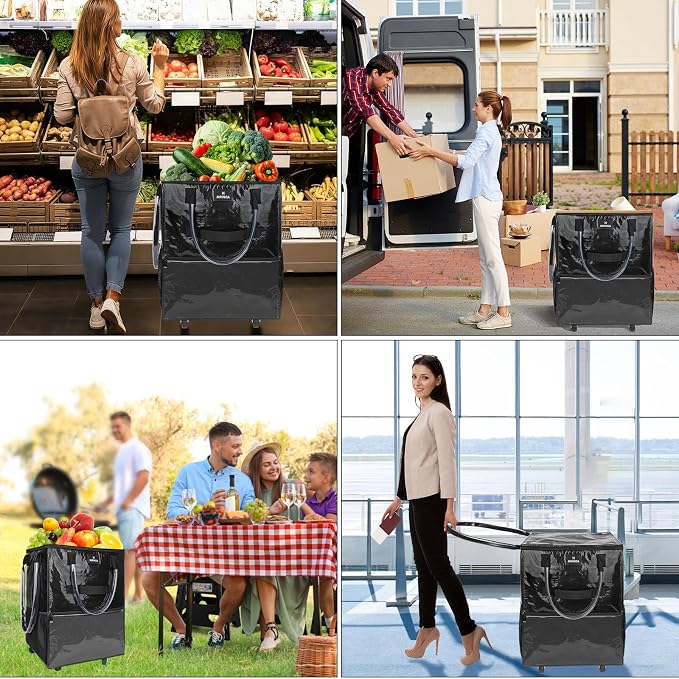 Large Reusable Grocery Bag On 5 Wheels, 130L Foldable Rolling Tote Bag, Rolling Shopping Cart Bag with 3 Handles & Multiple Pockets, Zippered Closure for Laundry Moving Travel Camping, Black - Image 7