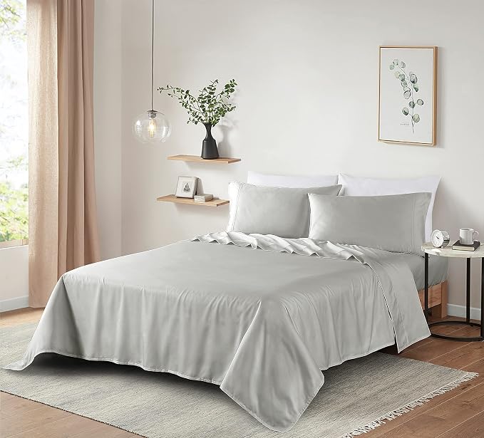 100% Supima Cotton Sheets 600 Thread Count,Bed Sheet Set King Size Sheets 4 Pieces, Soft & Silk Sateen Weave, Fits Mattress Up to 18'',Deep Pocket, Breathable & Fade Resistant(Silver Grey,King - Image 6