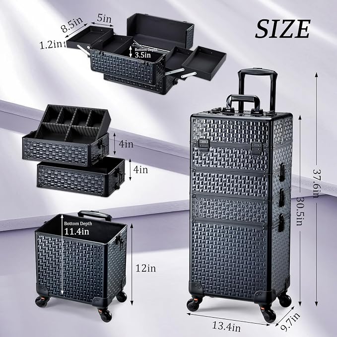 4 in 1 Rolling Makeup Trolley Train Case Cosmetic Suitcase Nail Tech Box for Makeup Artist, Hairstylists, Nail Tech Case with with Keys Swivel Wheels Traveling Trunk (Shiny Brick) - Image 6