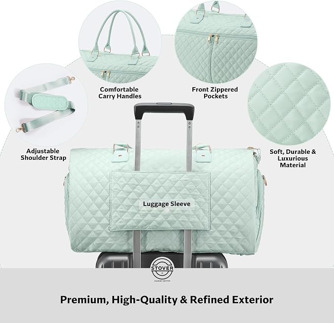 STOVER Women’s Convertible Garment Duffel Bag for Travel – 2-in-1 Carry-On Weekender/Overnight Tote - Wrinkle-Free Dresses, Suits & Clothes + Shoe Compartment & Bonus Toiletry Bag (Coastal Mint) - Image 4