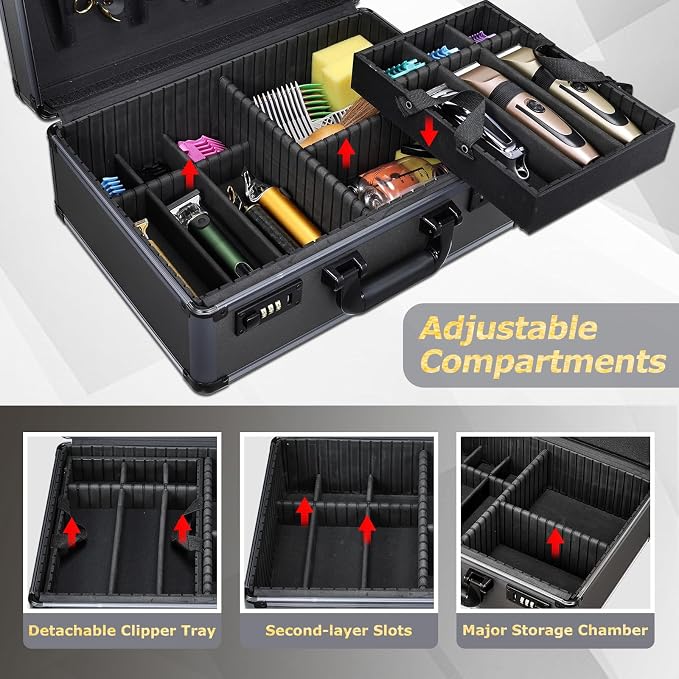 Yueieoun Professional Barber Case with Barber Clipper Tray Organizer, 6 Adjustable Clipper Slots & 8 Shear Holders, Portable Barber Carrying Case for Hair Tools & Supplies with Combo Locks - Image 4
